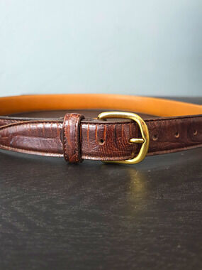 Men's Brown Leather Alligator Pattern Dress Belt 34 Regular 1in Brass Buckle